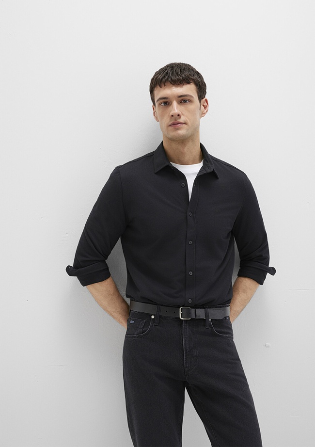  Mavi Siyah Örme Gömlek Fitted / Vücuda Oturan Kesim 0210294-900