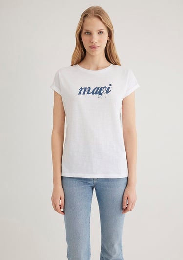  Mavi Mavi Logo Baskılı Beyaz Tişört Loose Fit / Bol Rahat Kesim 166422-620