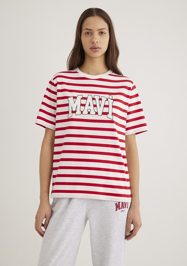  Mavi Mavi Logo Baskılı Kırmızı Çizgili Tişört Regular Fit / Normal Kesim 1611360-84475