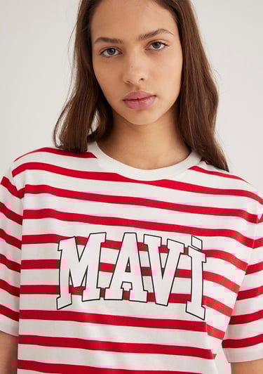  Mavi Mavi Logo Baskılı Kırmızı Çizgili Tişört Regular Fit / Normal Kesim 1611360-84475