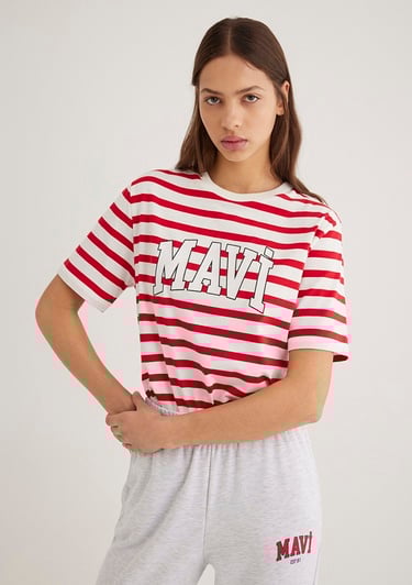  Mavi Mavi Logo Baskılı Kırmızı Çizgili Tişört Regular Fit / Normal Kesim 1611360-84475