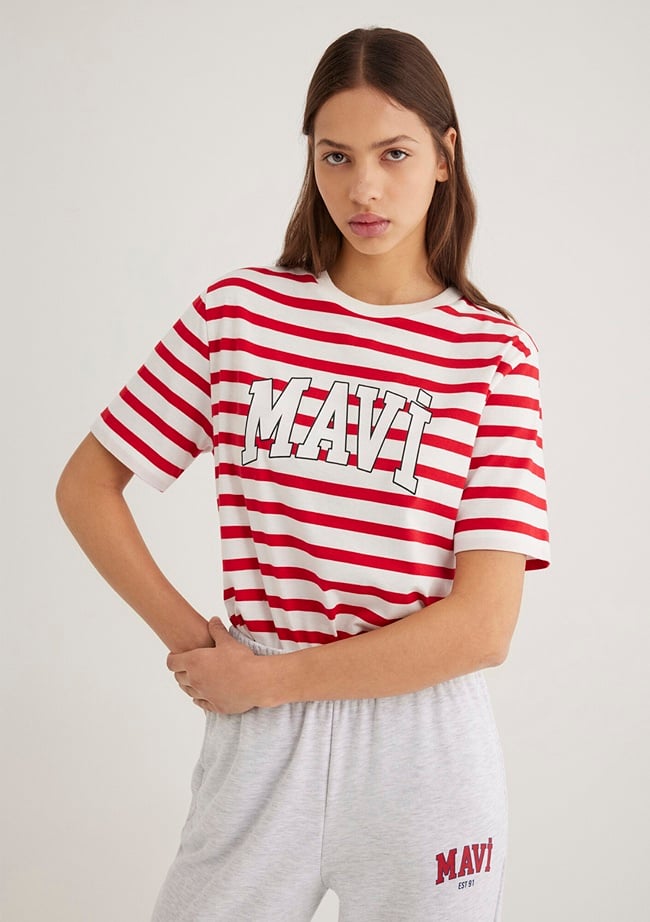  Mavi Mavi Logo Baskılı Kırmızı Çizgili Tişört Regular Fit / Normal Kesim 1611360-84475