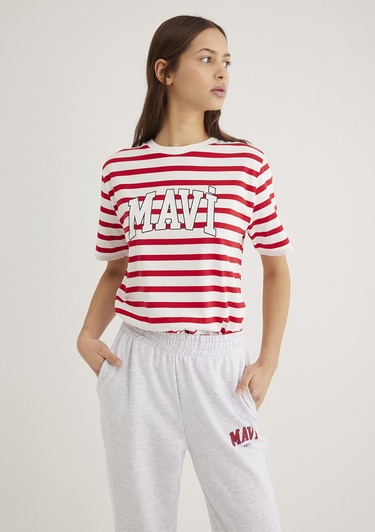  Mavi Mavi Logo Baskılı Kırmızı Çizgili Tişört Regular Fit / Normal Kesim 1611360-84475