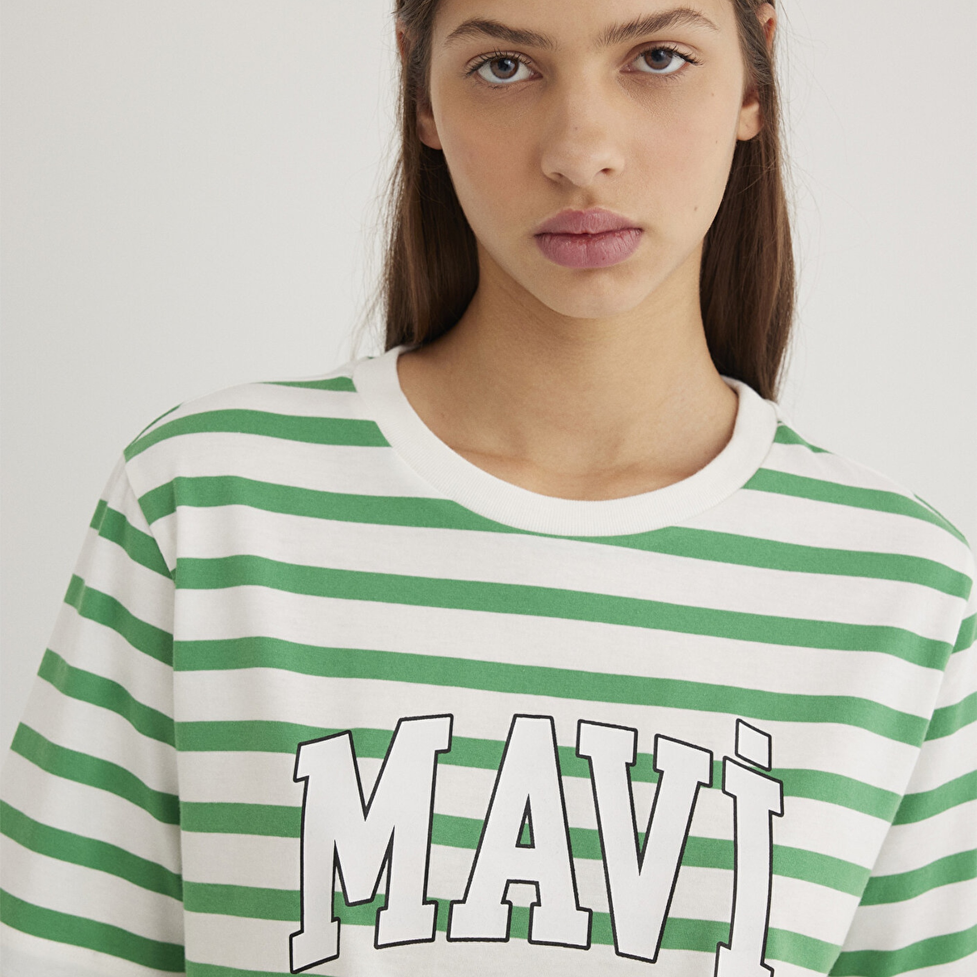 Mavi Mavi Logo Baskılı Yeşil Çizgili Tişört Regular Fit / Normal Kesim 1611360-84477