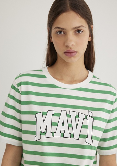  Mavi Mavi Logo Baskılı Yeşil Çizgili Tişört Regular Fit / Normal Kesim 1611360-84477