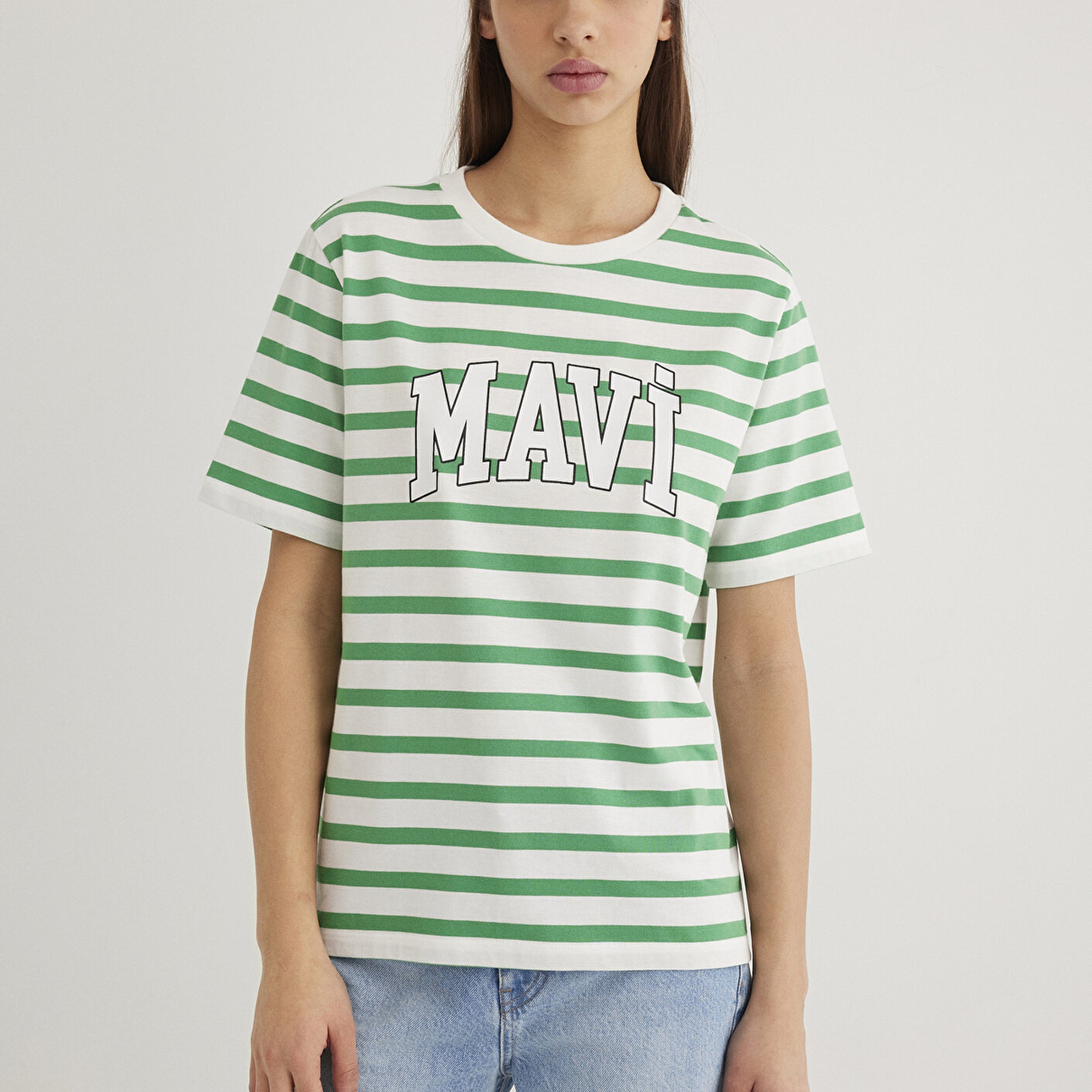 Mavi Mavi Logo Baskılı Yeşil Çizgili Tişört Regular Fit / Normal Kesim 1611360-84477