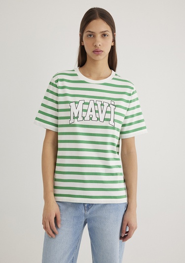  Mavi Mavi Logo Baskılı Yeşil Çizgili Tişört Regular Fit / Normal Kesim 1611360-84477