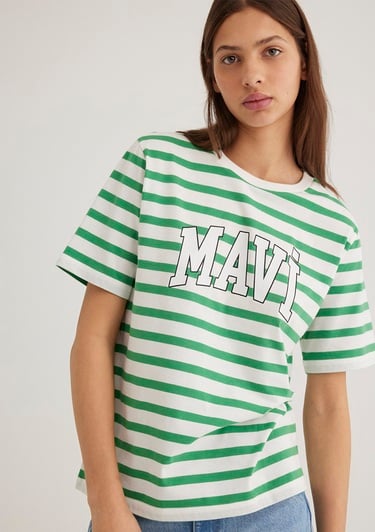  Mavi Mavi Logo Baskılı Yeşil Çizgili Tişört Regular Fit / Normal Kesim 1611360-84477