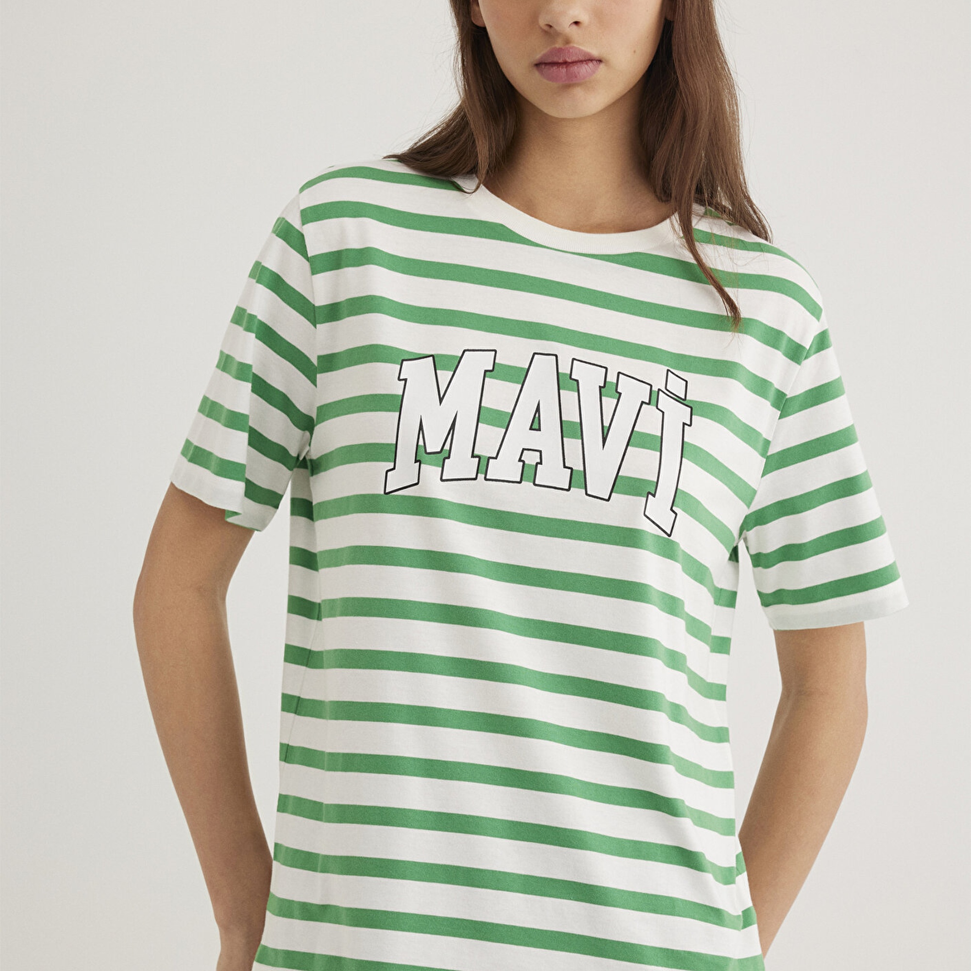 Mavi Mavi Logo Baskılı Yeşil Çizgili Tişört Regular Fit / Normal Kesim 1611360-84477