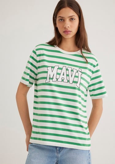  Mavi Mavi Logo Baskılı Yeşil Çizgili Tişört Regular Fit / Normal Kesim 1611360-84477