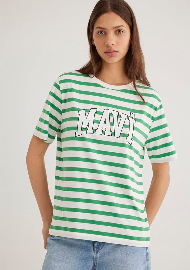  Mavi Mavi Logo Baskılı Yeşil Çizgili Tişört Regular Fit / Normal Kesim 1611360-84477