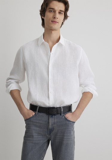  Mavi Beyaz Keten Gömlek Regular Fit / Normal Kesim 0210492-620