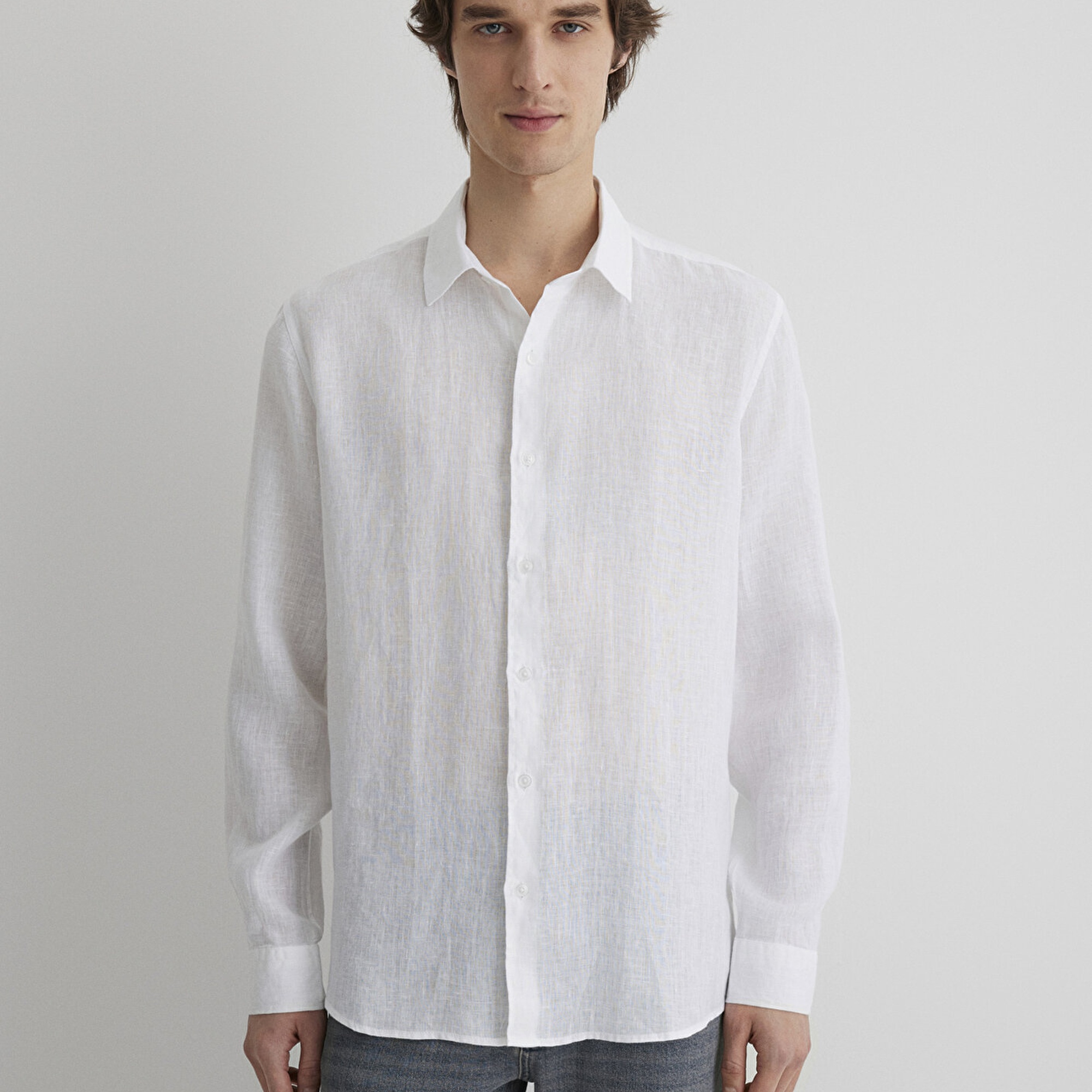 Mavi Beyaz Keten Gömlek Regular Fit / Normal Kesim 0210492-620