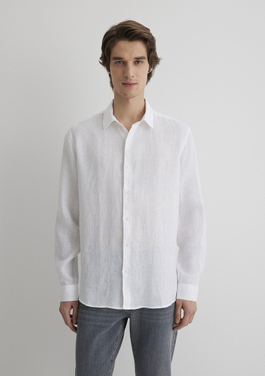  Mavi Beyaz Keten Gömlek Regular Fit / Normal Kesim 0210492-620