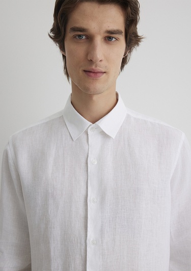  Mavi Beyaz Keten Gömlek Regular Fit / Normal Kesim 0210492-620