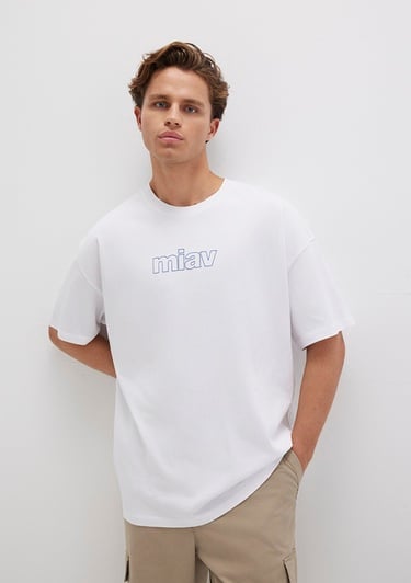  Mavi Miav Baskılı Oversize Beyaz Tişört Oversize / Geniş Kesim 0611704-620