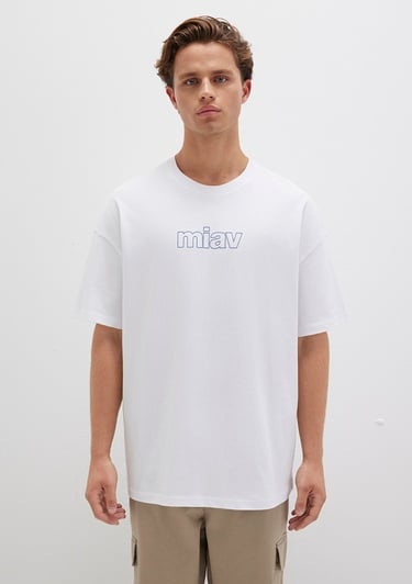  Mavi Miav Baskılı Oversize Beyaz Tişört Oversize / Geniş Kesim 0611704-620