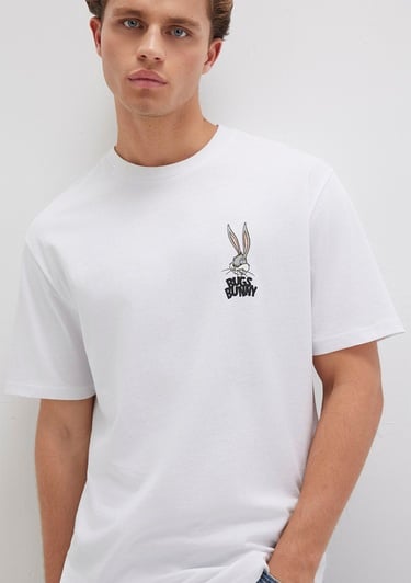  Mavi Bugs Bunny Baskılı Beyaz Tişört Loose Fit / Bol Rahat Kesim 0610636-620