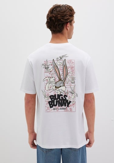  Mavi Bugs Bunny Baskılı Beyaz Tişört Loose Fit / Bol Rahat Kesim 0610636-620