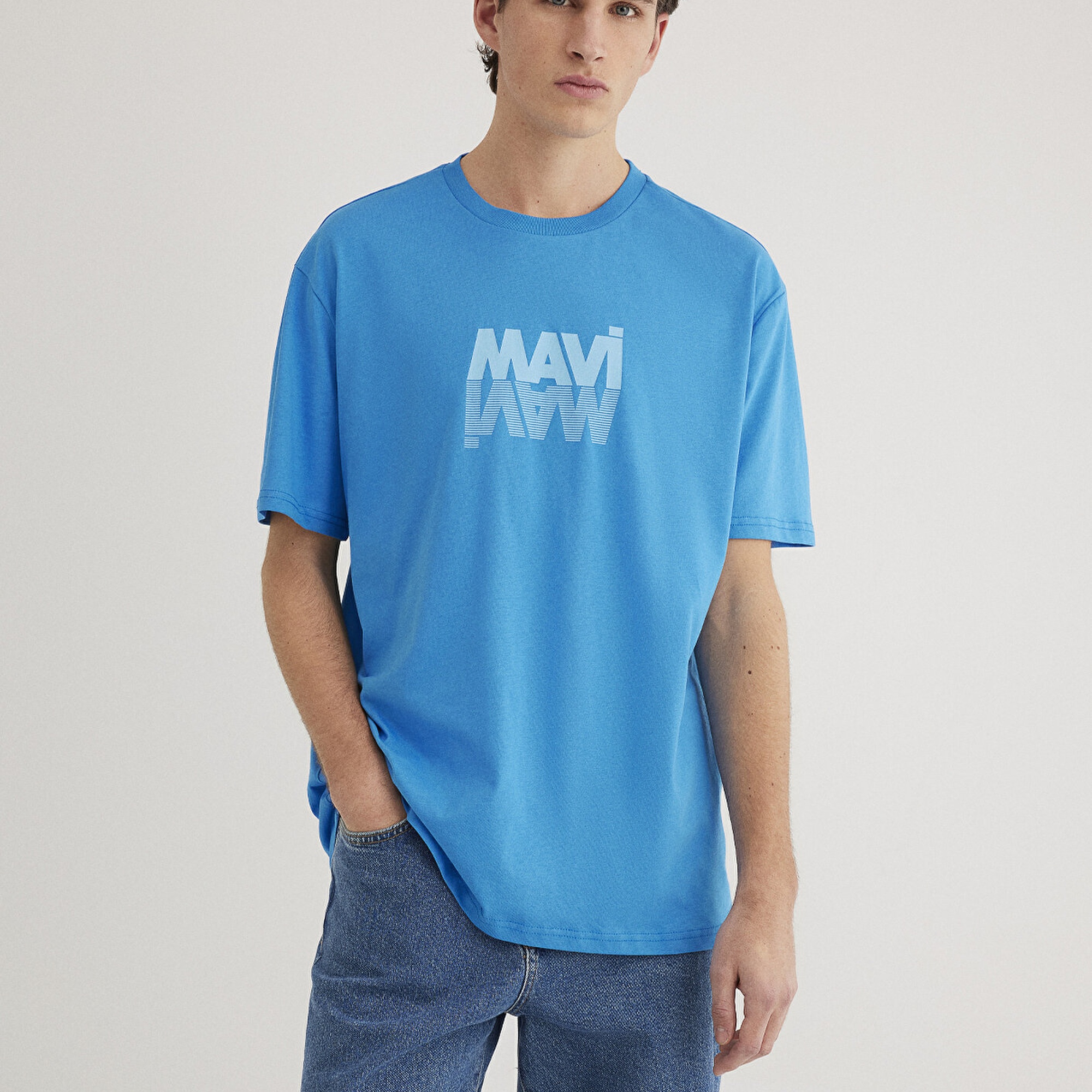 Mavi Mavi Logo Baskılı Mavi Tişört Loose Fit / Bol Rahat Kesim 0611311-70772