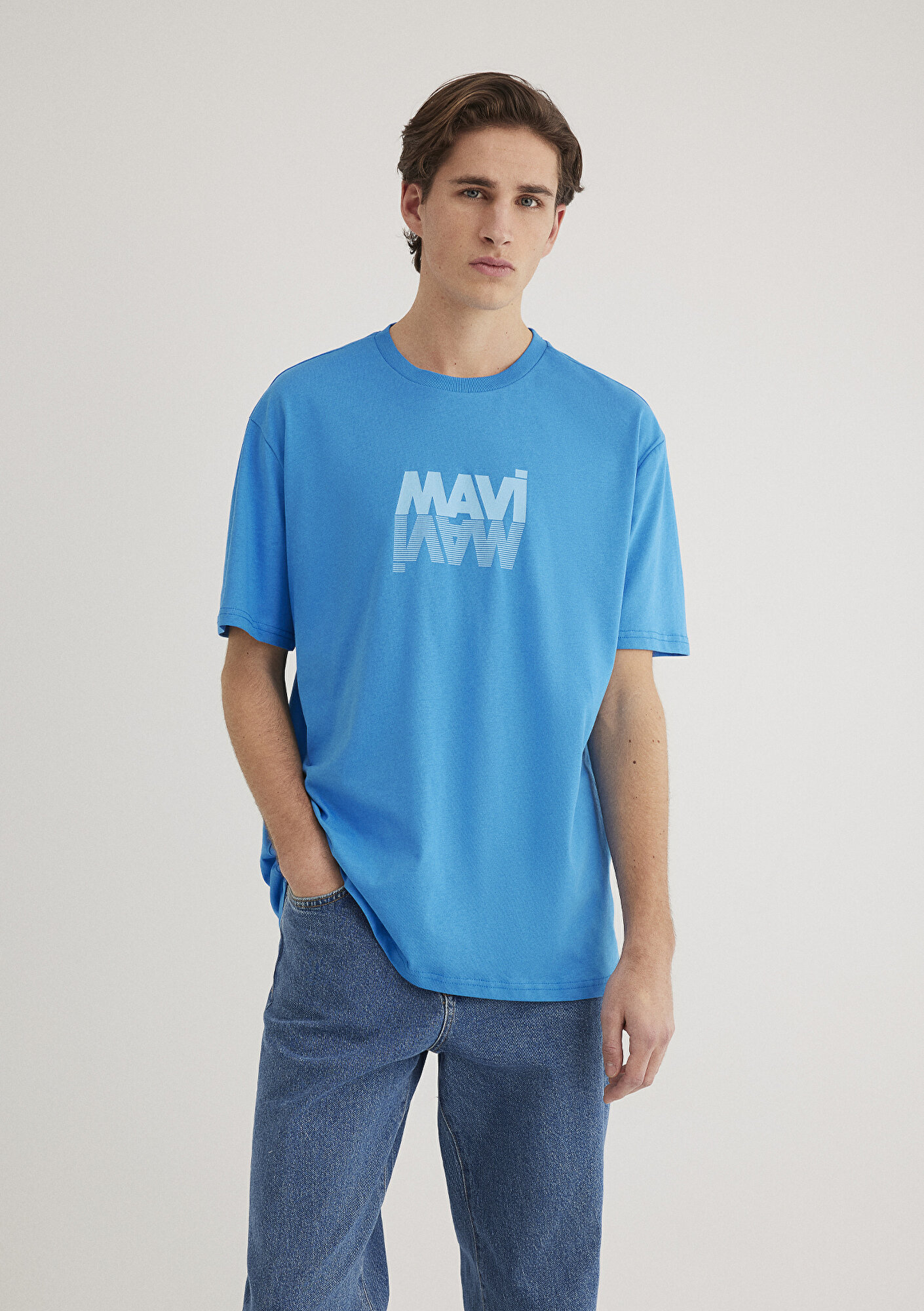  Mavi Mavi Logo Baskılı Mavi Tişört Loose Fit / Bol Rahat Kesim 0611311-70772