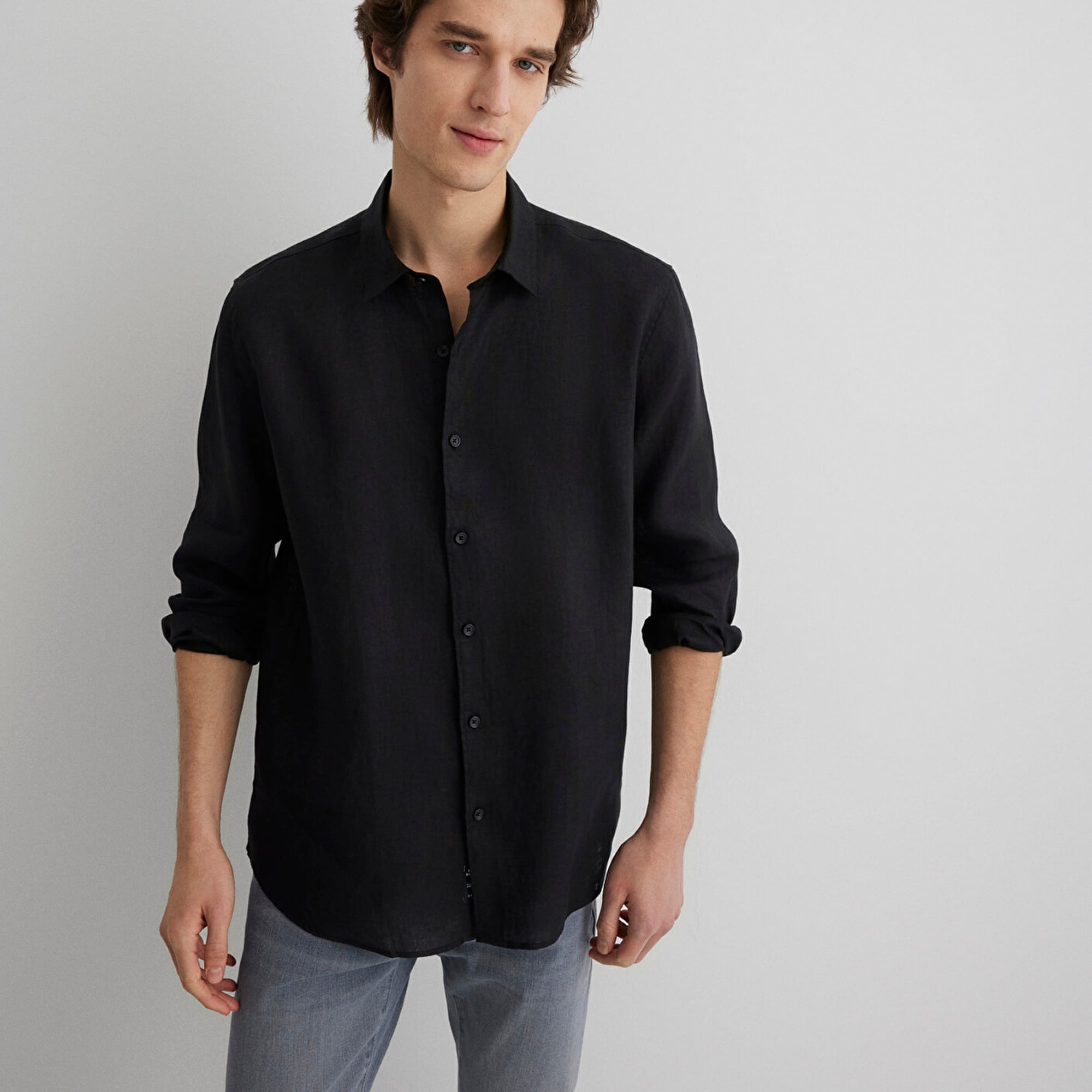 Mavi Siyah Keten Gömlek Regular Fit / Normal Kesim 0210492-900