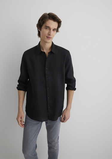  Mavi Siyah Keten Gömlek Regular Fit / Normal Kesim 0210492-900