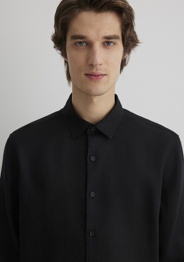  Mavi Siyah Keten Gömlek Regular Fit / Normal Kesim 0210492-900