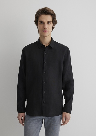  Mavi Siyah Keten Gömlek Regular Fit / Normal Kesim 0210492-900