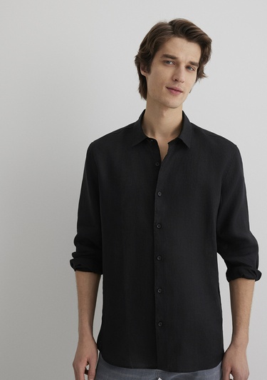  Mavi Siyah Keten Gömlek Regular Fit / Normal Kesim 0210492-900