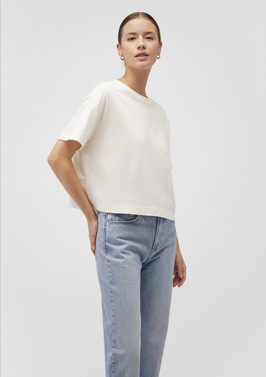  Mavi Bisiklet Yaka Beyaz Basic Tişört Boxy Fit 1611651-80194