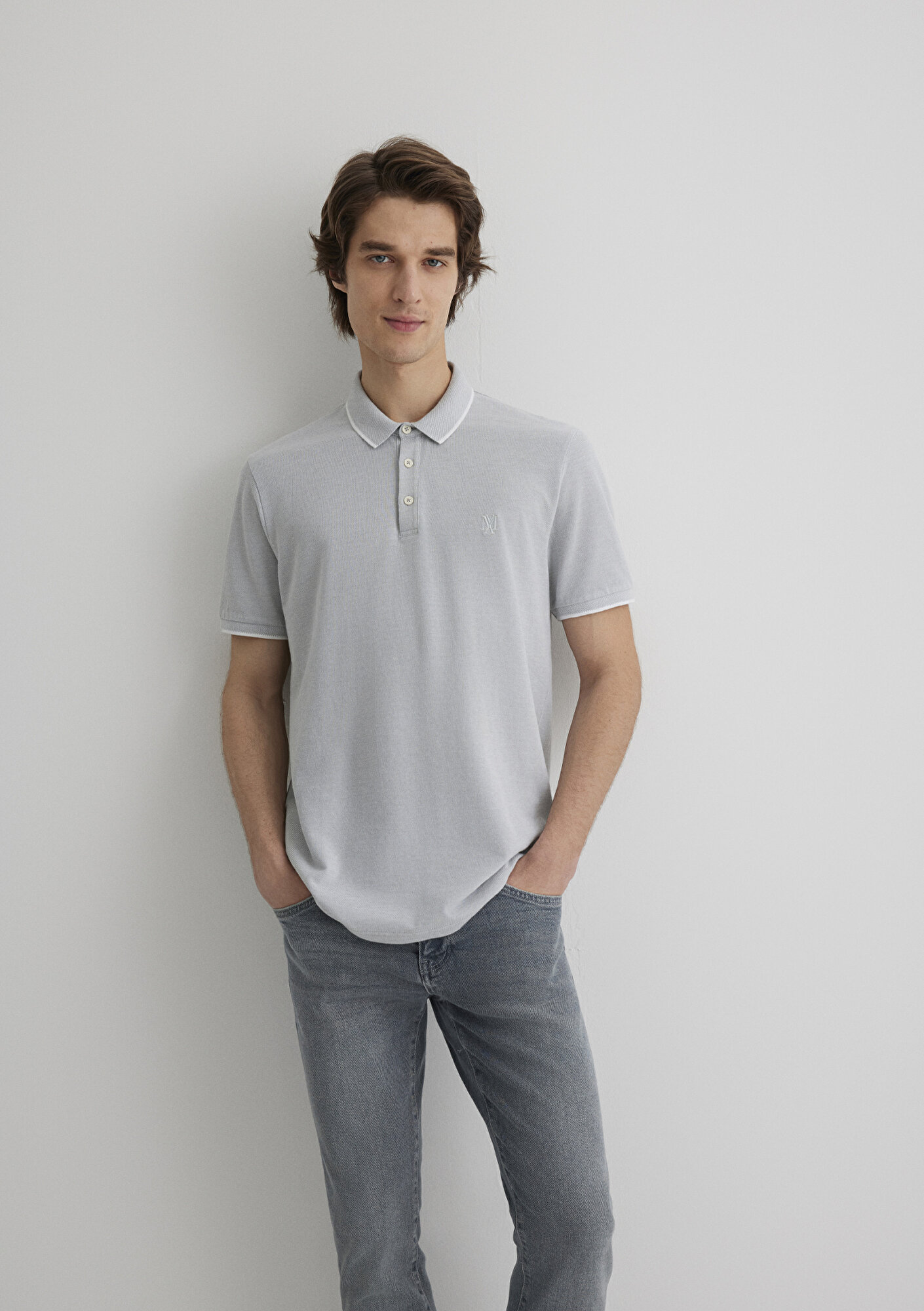  Mavi Şerit Detaylı Gri Polo Tişört Slim Fit / Dar Kesim 065900-34019