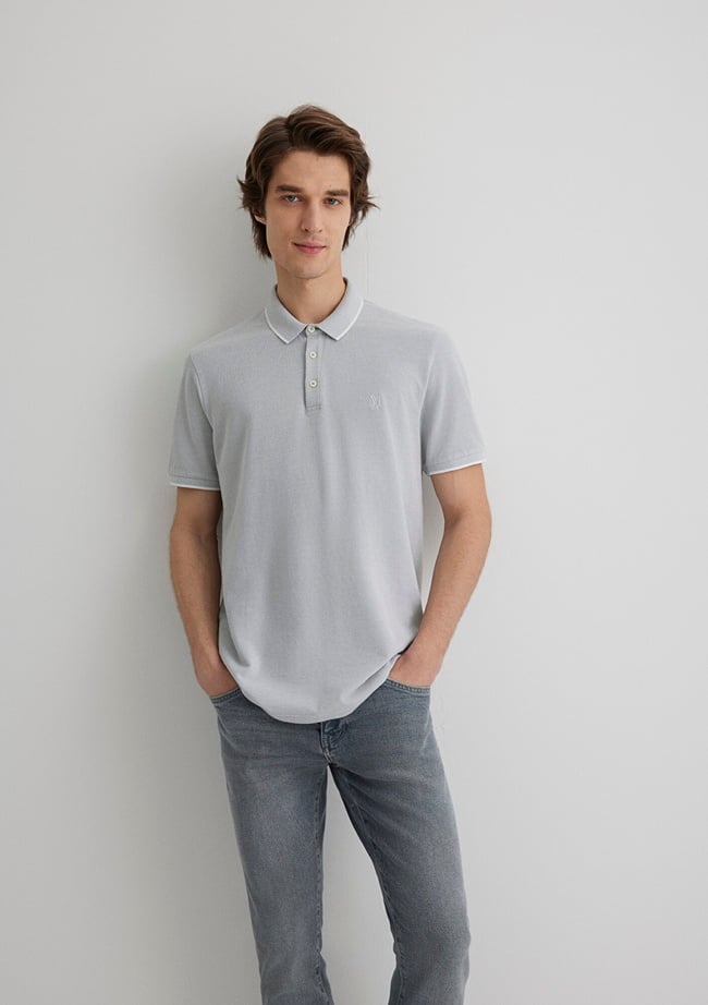  Mavi Şerit Detaylı Gri Polo Tişört Slim Fit / Dar Kesim 065900-34019