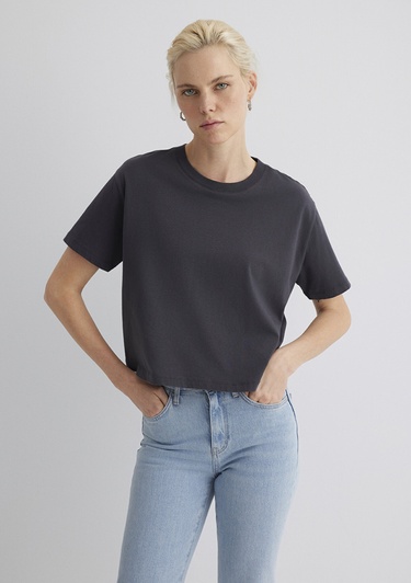  Mavi Bisiklet Yaka Antrasit Basic Tişört Boxy Fit 1611651-70087