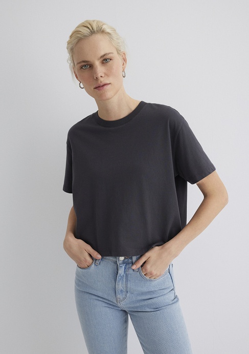  Mavi Bisiklet Yaka Antrasit Basic Tişört Boxy Fit 1611651-70087