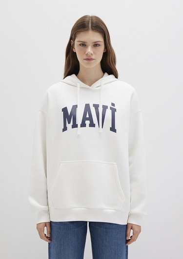  Mavi Mavi Logo Baskılı Kapüşonlu Beyaz Sweatshirt 1600361-81964