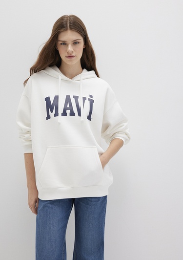  Mavi Mavi Logo Baskılı Kapüşonlu Beyaz Sweatshirt 1600361-81964
