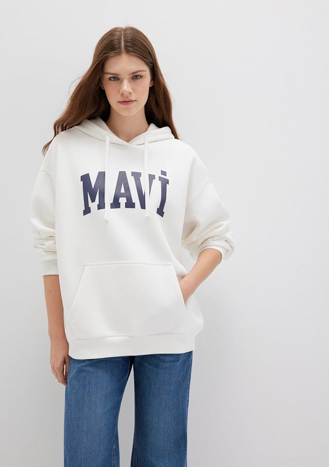 Mavi Mavi Logo Baskılı Kapüşonlu Beyaz Sweatshirt 1600361-81964