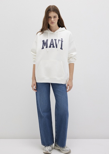  Mavi Mavi Logo Baskılı Kapüşonlu Beyaz Sweatshirt 1600361-81964