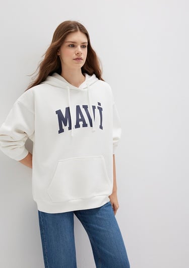  Mavi Mavi Logo Baskılı Kapüşonlu Beyaz Sweatshirt 1600361-81964