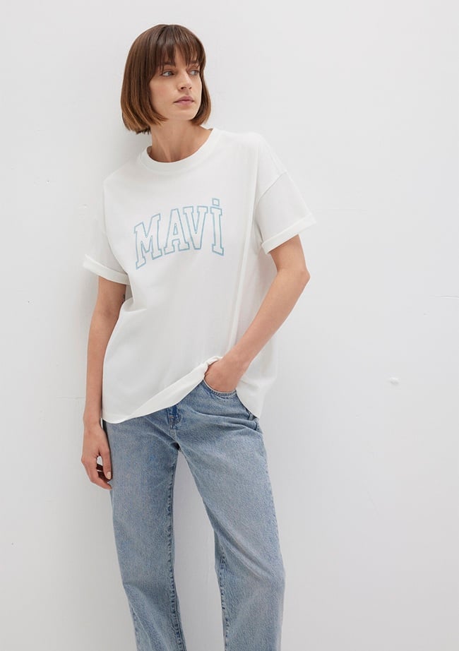  Mavi Mavi Logo Baskılı Beyaz Tişört Regular Fit / Normal Kesim 1611193-81964
