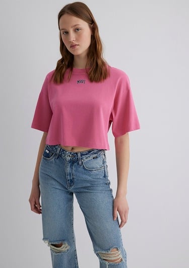 Mavi Mavi Logo Baskılı Pembe Crop Tişört Crop / Kısa Kesim 1611585-84670
