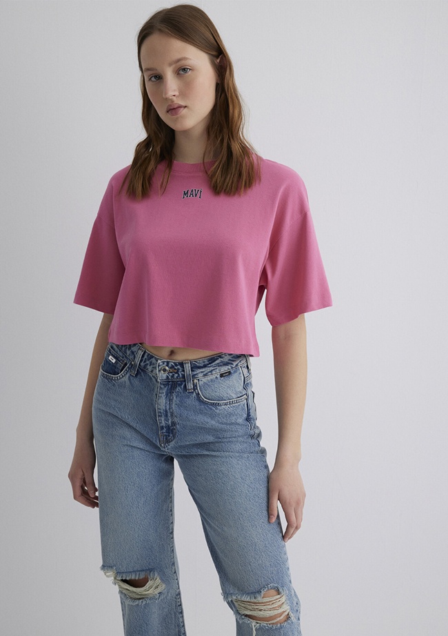  Mavi Mavi Logo Baskılı Pembe Crop Tişört Crop / Kısa Kesim 1611585-84670