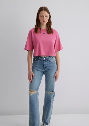  Mavi Mavi Logo Baskılı Pembe Crop Tişört Crop / Kısa Kesim 1611585-84670