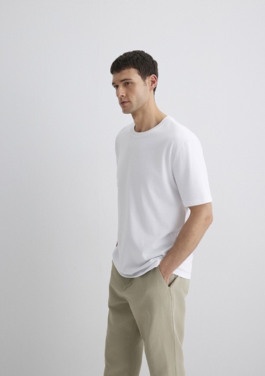  Mavi Bisiklet Yaka Beyaz Basic Tişört Loose Fit / Bol Rahat Kesim 0611596-620