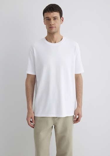  Mavi Bisiklet Yaka Beyaz Basic Tişört Loose Fit / Bol Rahat Kesim 0611596-620