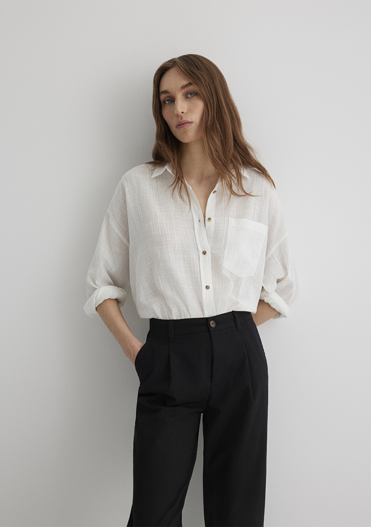  Mavi Oversize Ekru Gömlek Loose Fit / Bol Rahat Kesim 1210404-70057