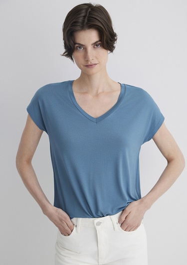  Mavi V Yaka Mavi Basic Viskoz Tişört Regular Fit / Normal Kesim 167714-70753