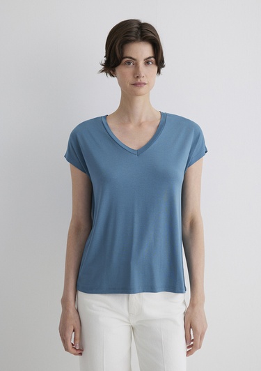  Mavi V Yaka Mavi Basic Viskoz Tişört Regular Fit / Normal Kesim 167714-70753