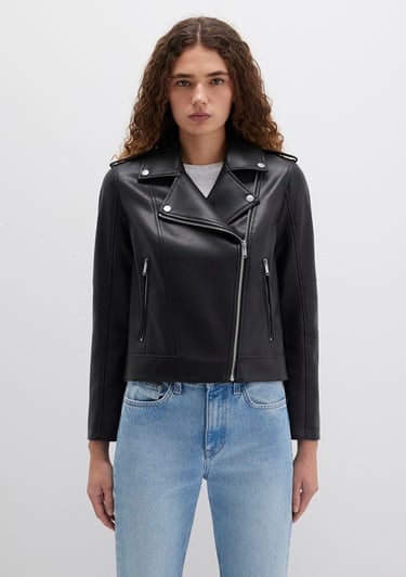  Mavi Biker Yaka Siyah Suni Deri Ceket Fitted / Vücuda Oturan Kesim 1110221-900